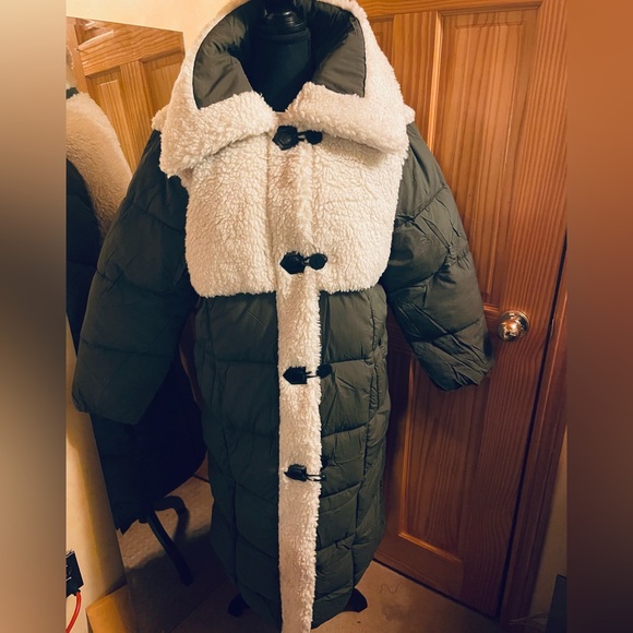 Khaki faux borg longline puffer coat - Picture 3 of 7